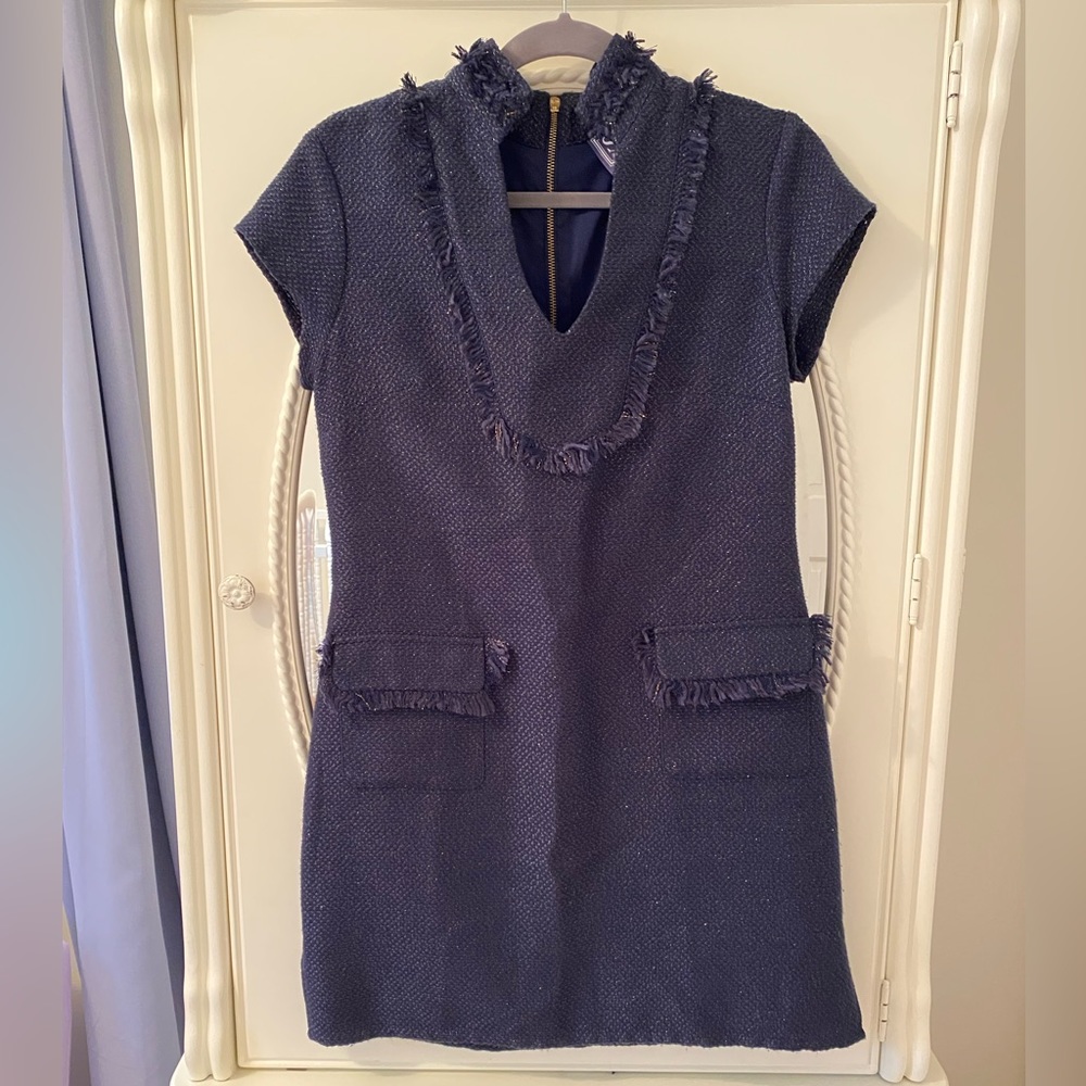 Sail to Sable Fringe on Fifth Navy and Gold Tweed Dress, size 4